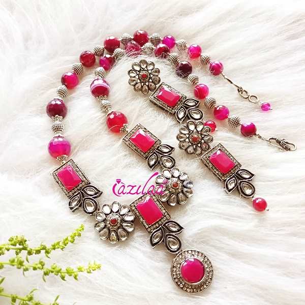 Statement pink agate gemstone beaded necklace set 