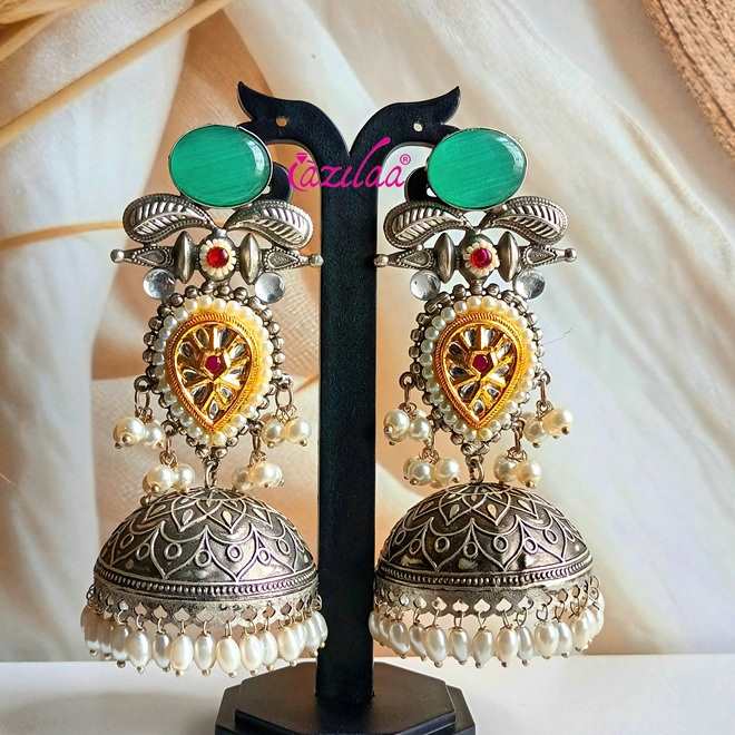 Statement AQUA antique silver Dual Tone jhumka