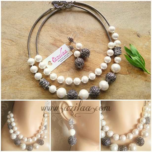 Statement Antique style white pearl layered necklace earrings