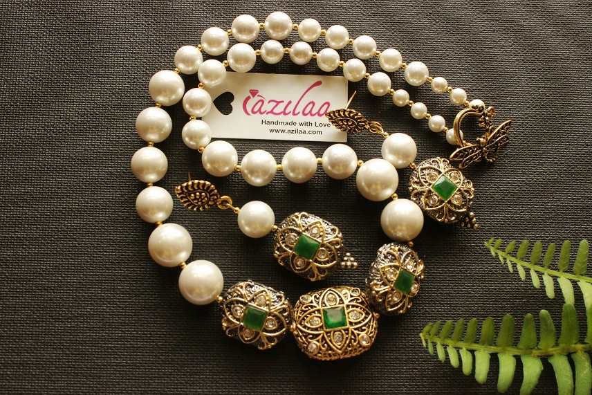 Statement Antique style white pearl necklace earrings