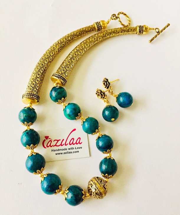 Statement green gemstone beaded necklace set 