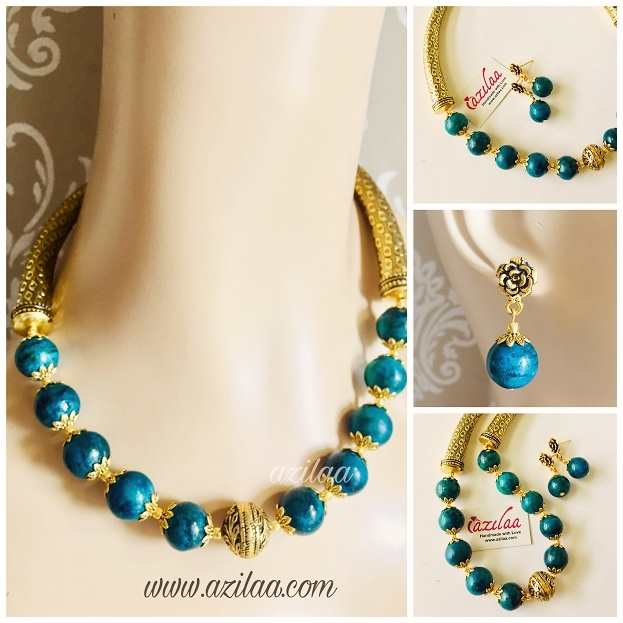 Statement green gemstone beaded necklace set 