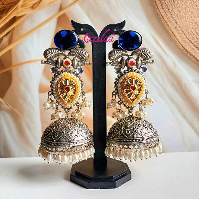 Statement BLUE antique silver Dual Tone jhumka