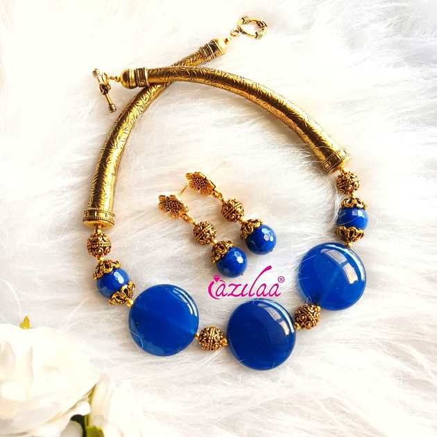 Statement BLUE beaded gemstone choker necklace set