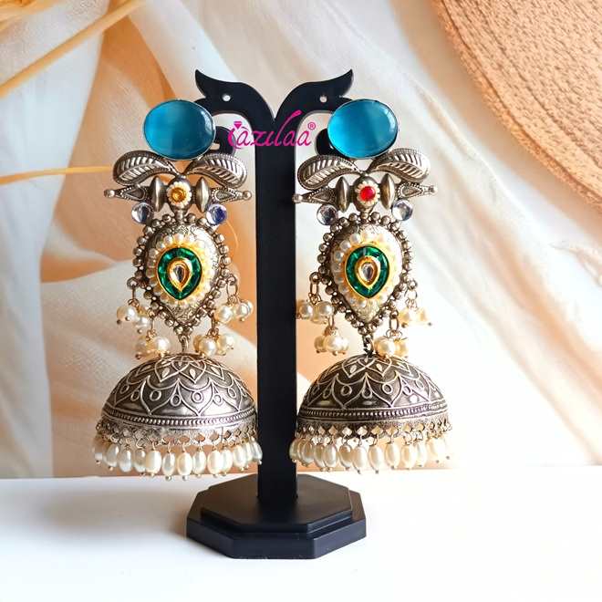 Statement Blue antique silver Dual Tone jhumka