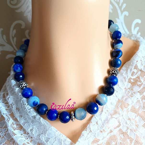 Statement Blue beaded gemstone pendant necklace set