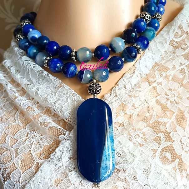 Statement Blue beaded gemstone pendant necklace set