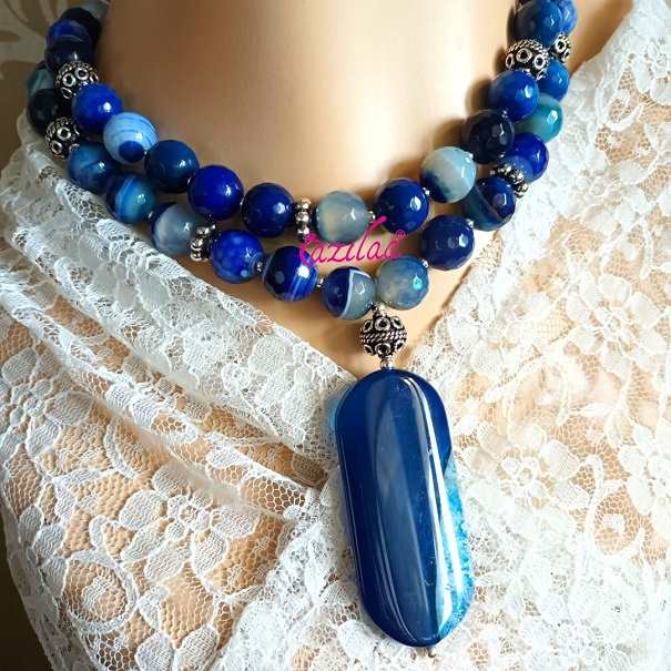 Statement Blue beaded gemstone pendant necklace set