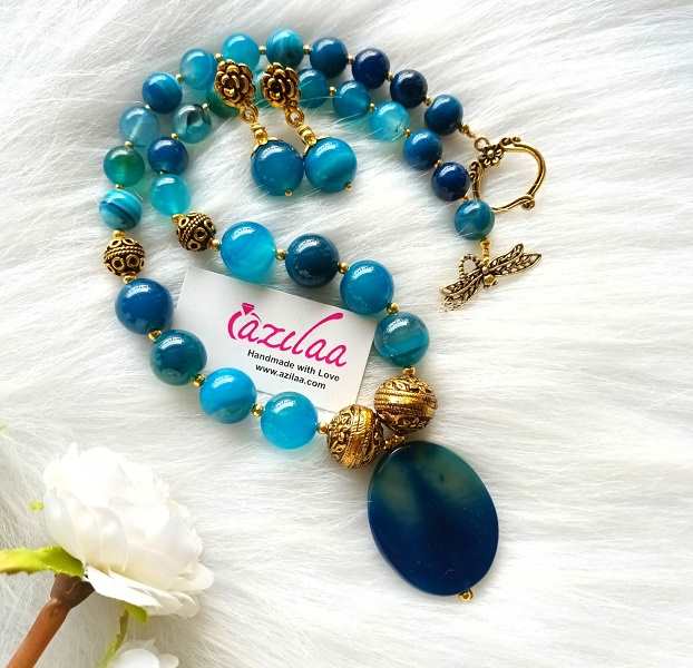 Statement Blue gemstone beaded handmade necklace set