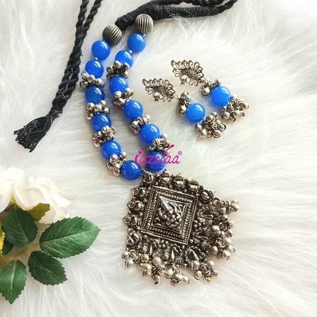 Statement Blue gemstone handmade necklace set
