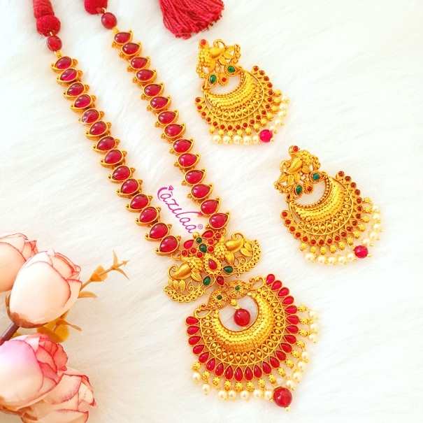 Semi Bridal Antique golden maroon necklace set