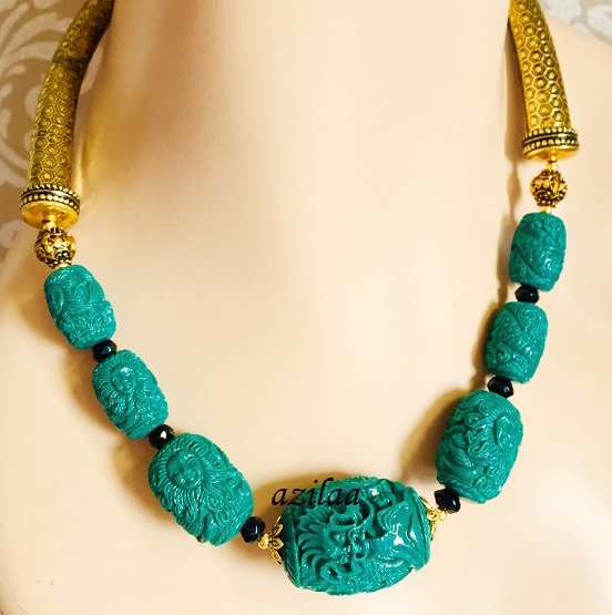 Statement Carved beaded Green designer necklace set 