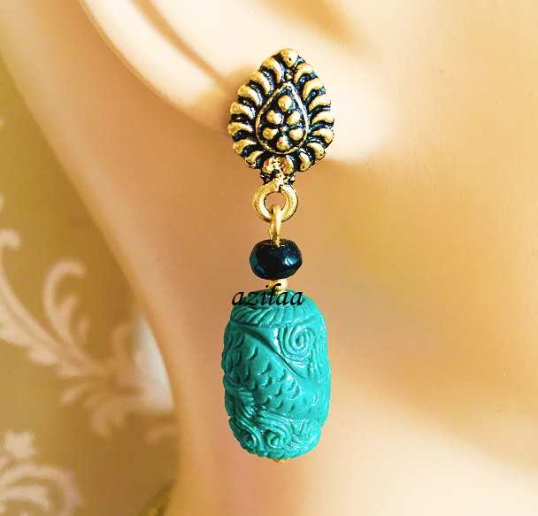 Statement Carved beaded Green designer necklace set 