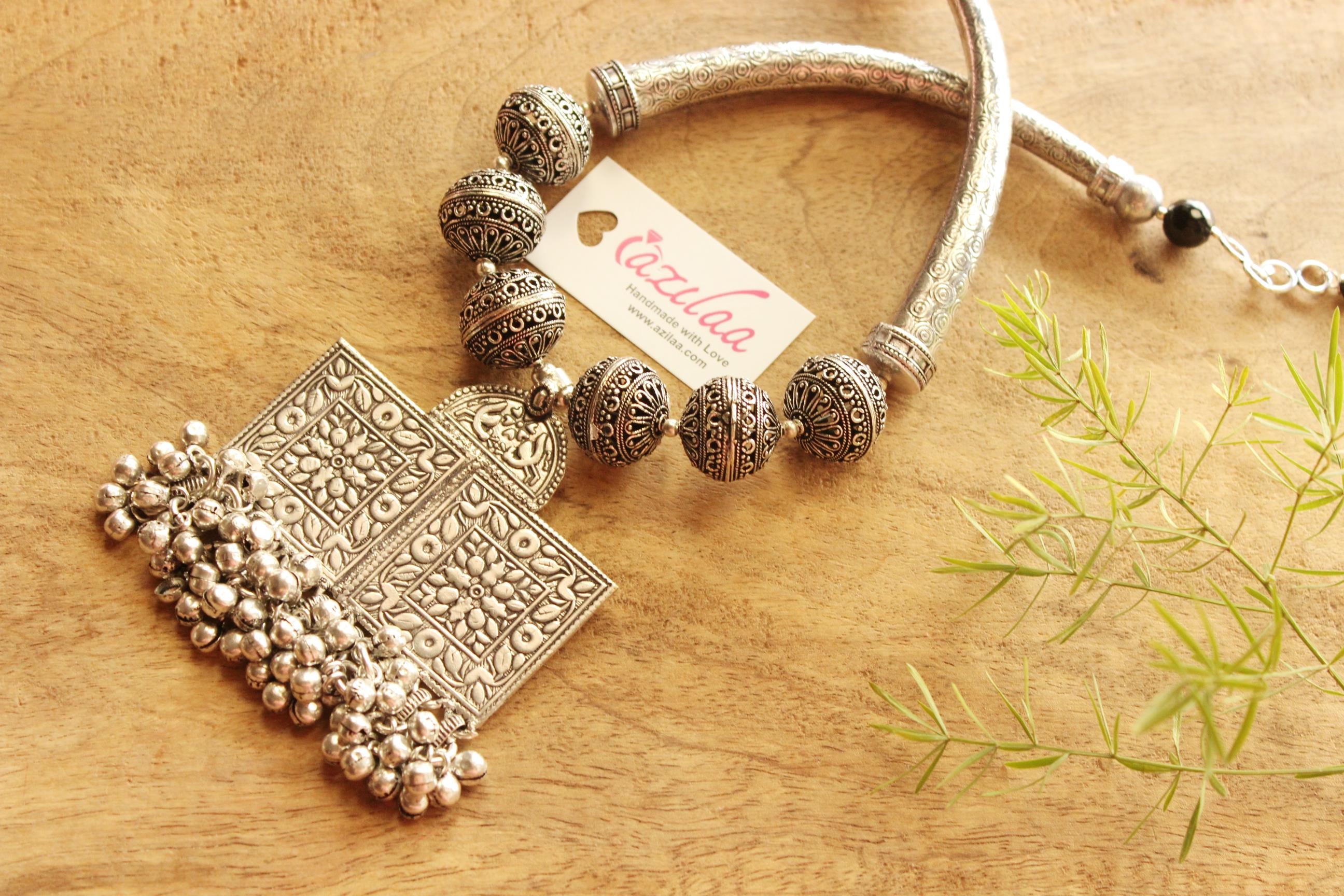 Statement Ethnic silver tone handmade designer necklace set