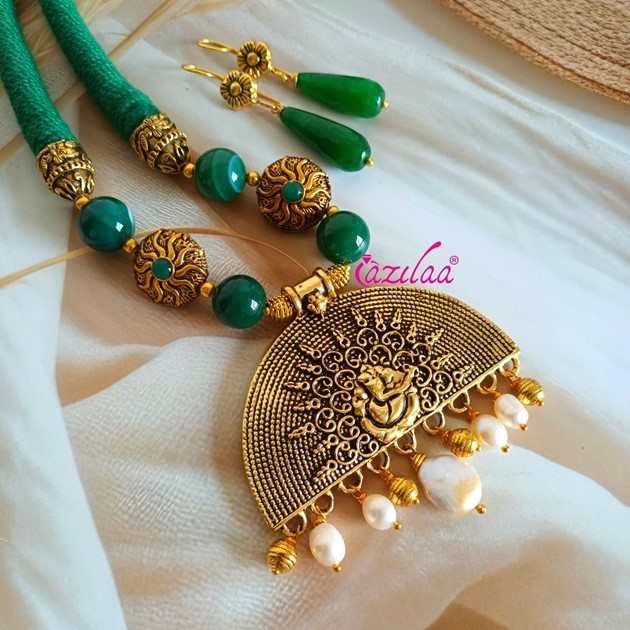 Statement Ganesha green beaded necklace earrings set