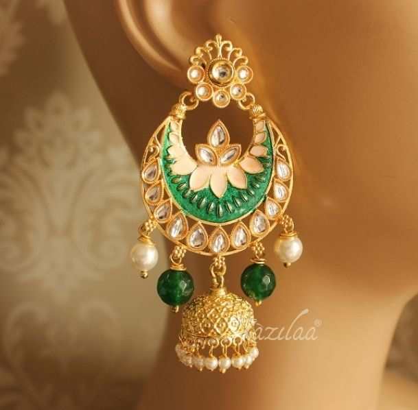 Statement Green Golden enamel hand painted chandelier earrings