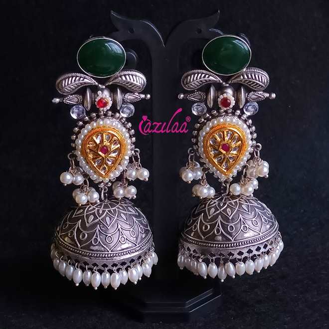 Statement Green antique silver Dual Tone jhumka