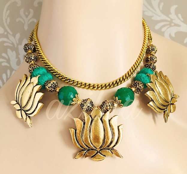 Statement Layered lotus designer handmade necklace earring set