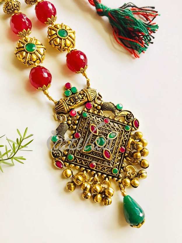 Statement Multi Color gemstone antique gold tone necklace set