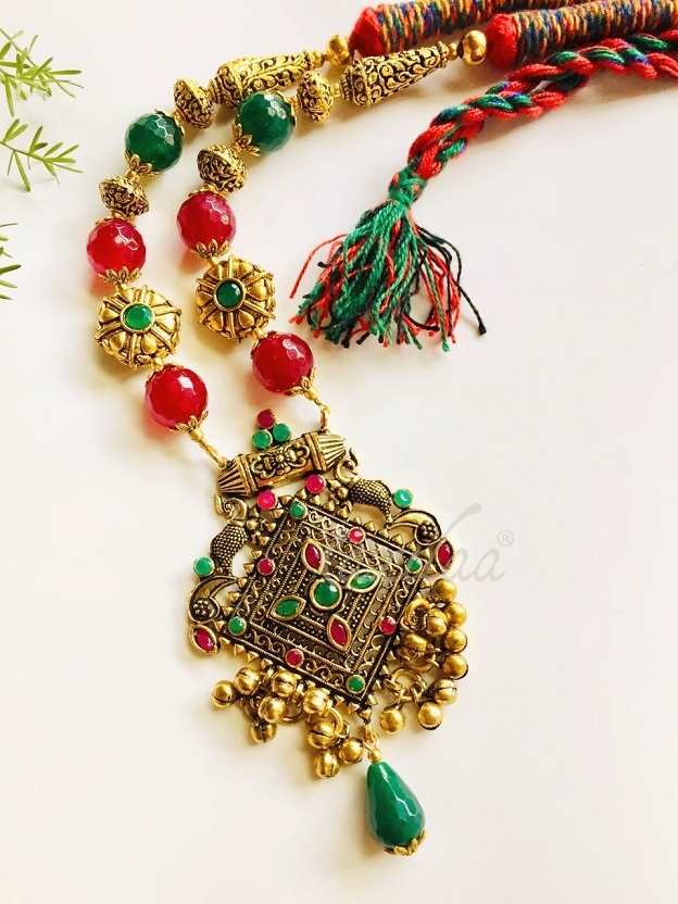 Statement Multi Color gemstone antique gold tone necklace set