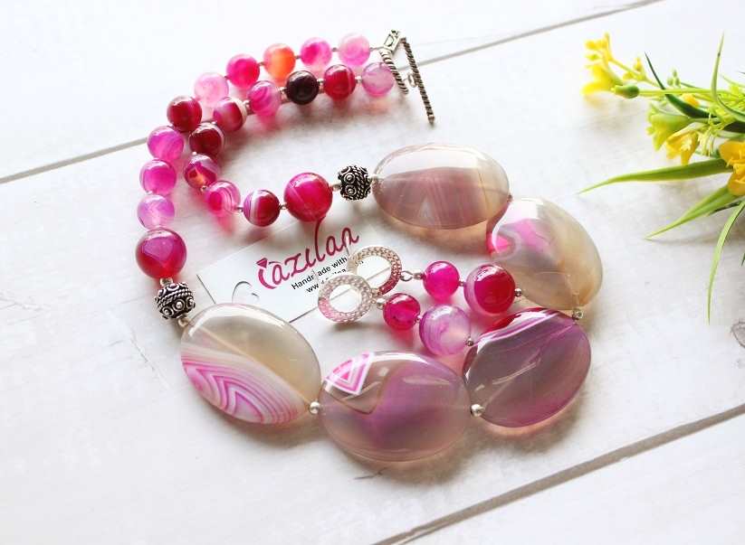 Statement OOAK oval agate gemstone beaded necklace set 