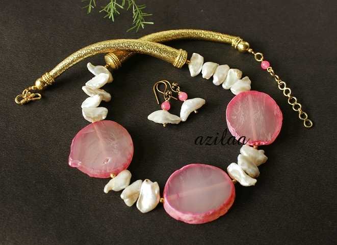 Statement OOAK pink gemstone pearl beaded necklace set 