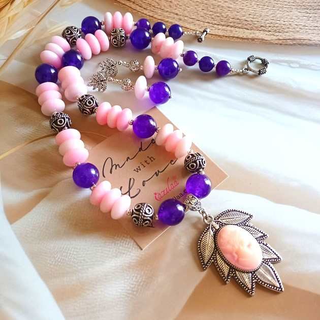 Statement Pink Purple gemstone necklace earrings set