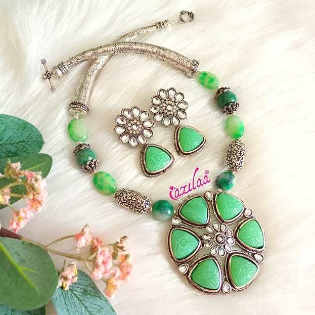 Statement Sea green gemstone beaded necklace set 