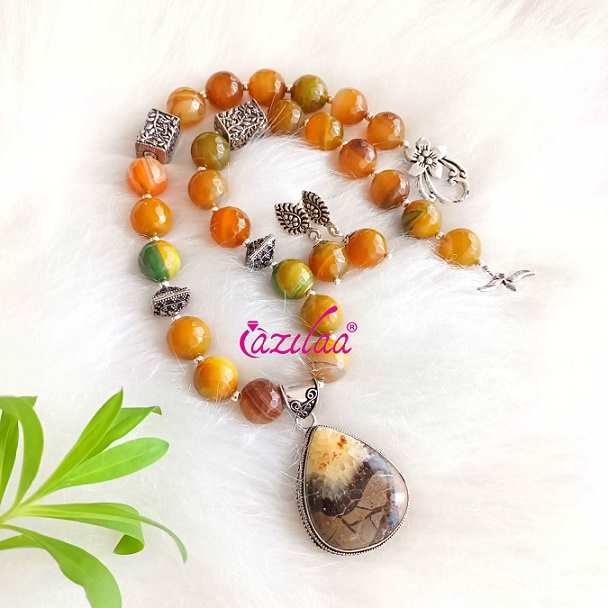 Statement agate gemstone beaded handmade pendant necklace set
