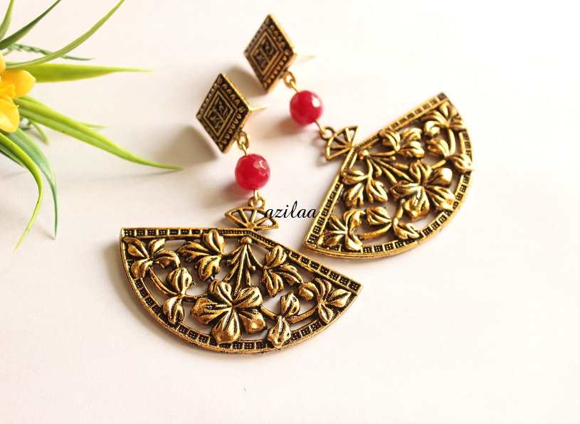 Statement antique gold tone maroon earrings