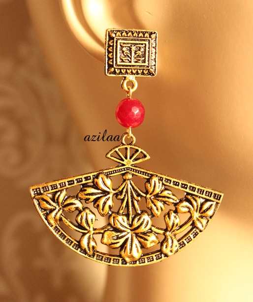 Statement antique gold tone maroon earrings