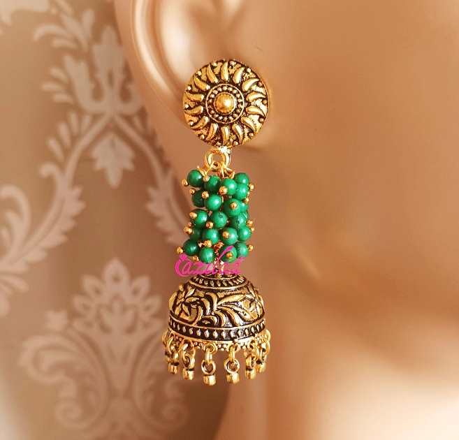 Statement antique golden Green Jhumki dangler earrings