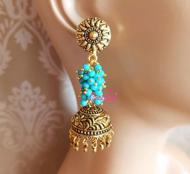 Statement antique golden blue Jhumki dangler earrings