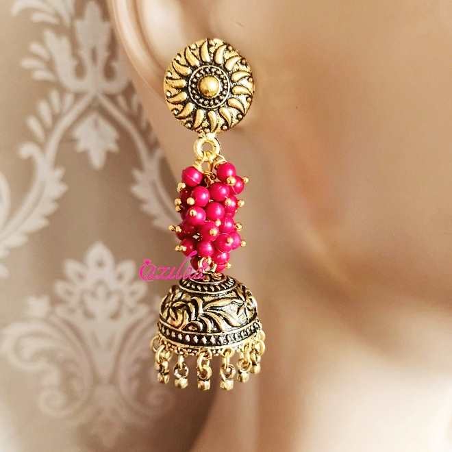 Statement antique golden maroon Jhumki dangler earrings