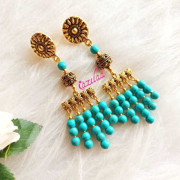 Statement antique golden turquoise blue gemstone earrings