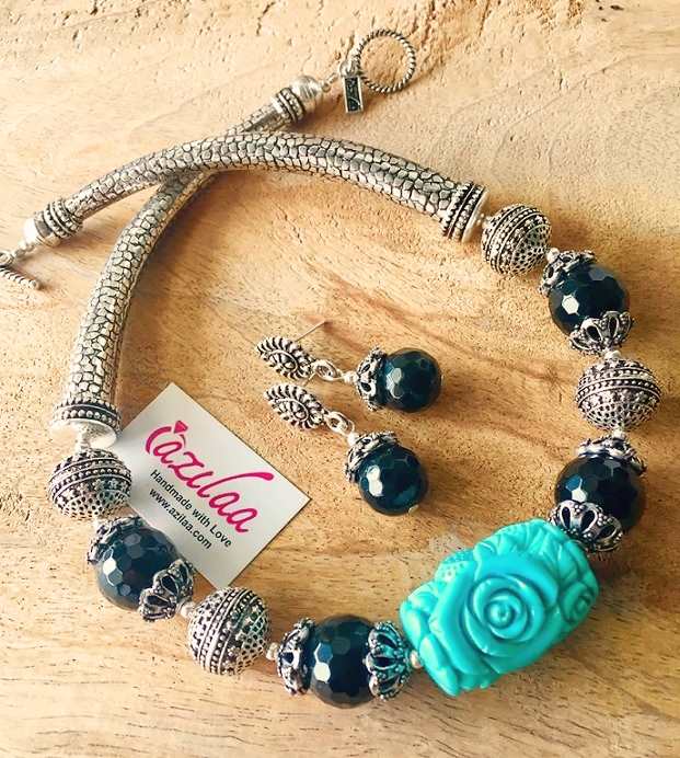  Statement aqua floral beaded black onyx necklace set