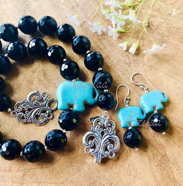 Statement black beaded elephant gemstone necklace