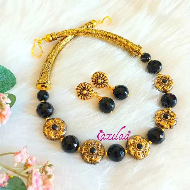 Statement black onyx gemstone choker necklace set
