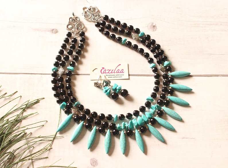 Statement black onyx turquoise blue beaded necklace earrings set