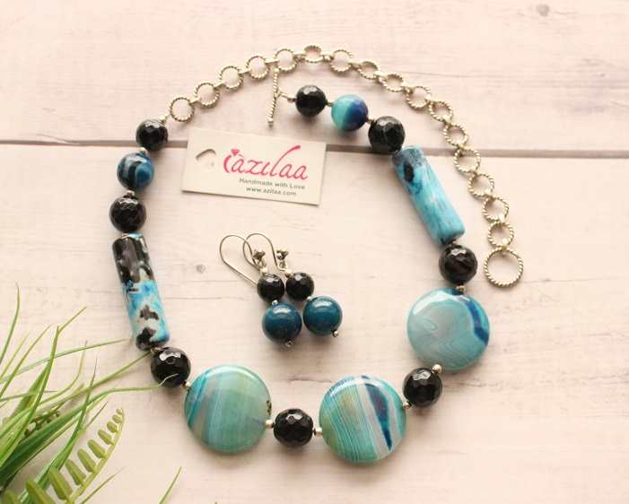 Statement blue disk gemstone handmade silver necklace set