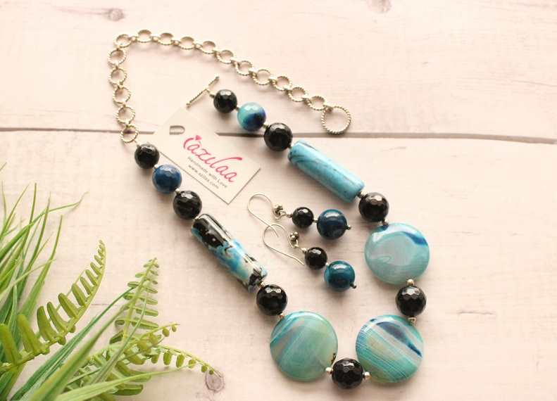 Statement blue disk gemstone handmade silver necklace set