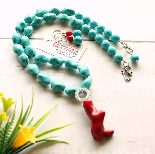  Statement silver blue turquoise Coral branch beaded necklace set