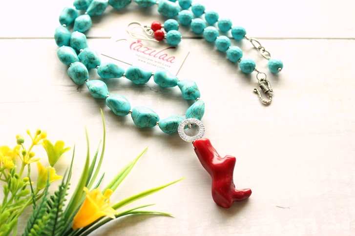  Statement silver blue turquoise Coral branch beaded necklace set