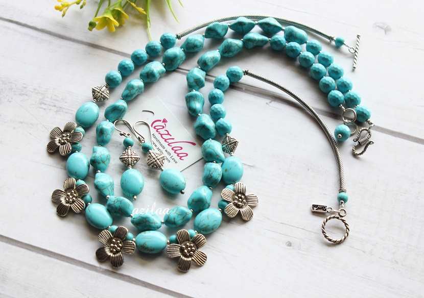  Statement blue turquoise double beaded necklace set