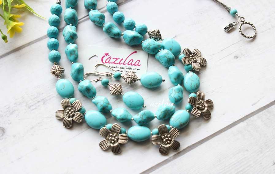  Statement blue turquoise double beaded necklace set
