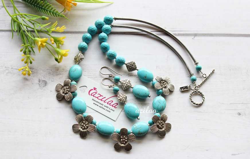  Statement blue turquoise double beaded necklace set