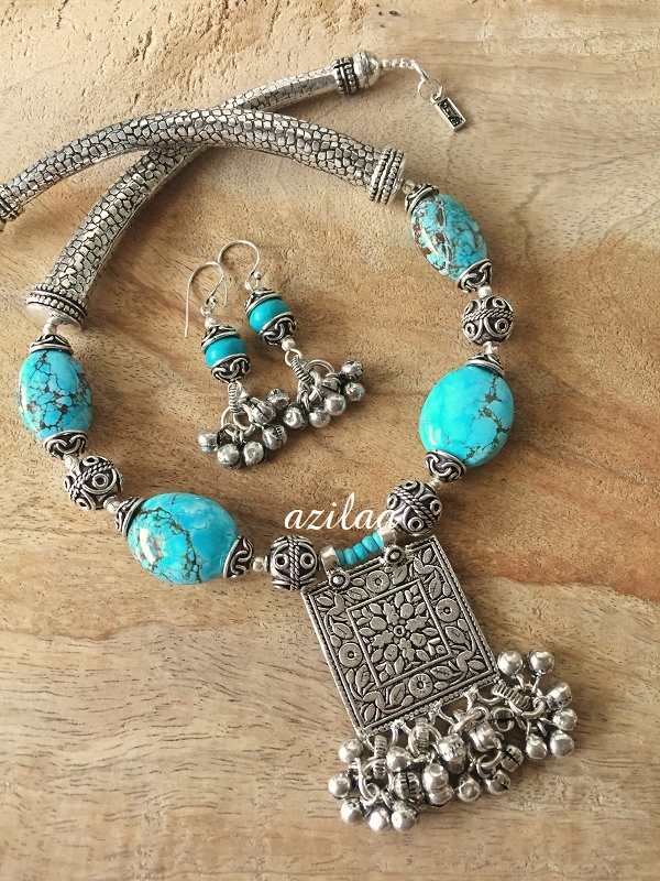  Statement blue turquoise tribal beaded necklace set
