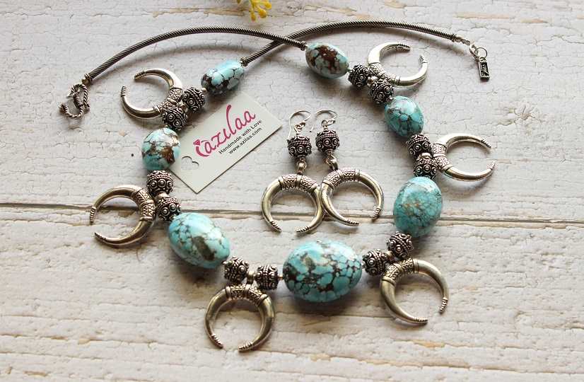 Statement blue turquoise tribal beaded necklace set