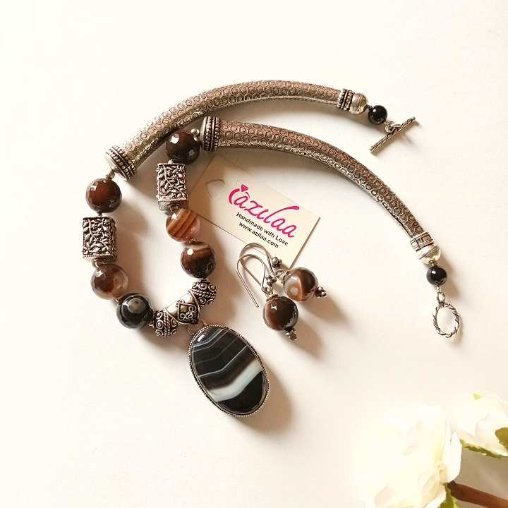 Statement brown agate gemstone beaded antique necklace set
