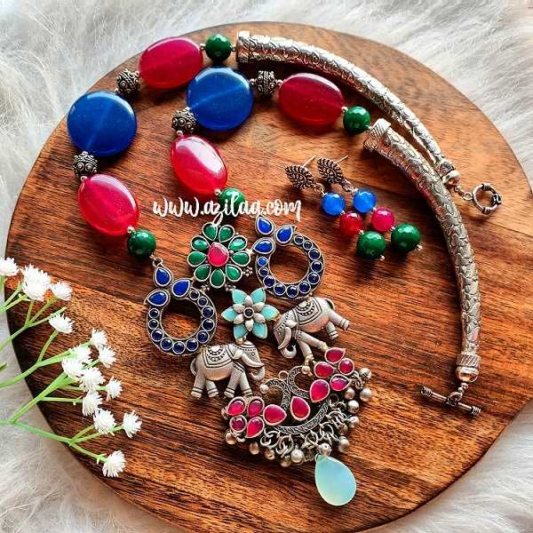 Statement chunky gemstone handmade necklace set